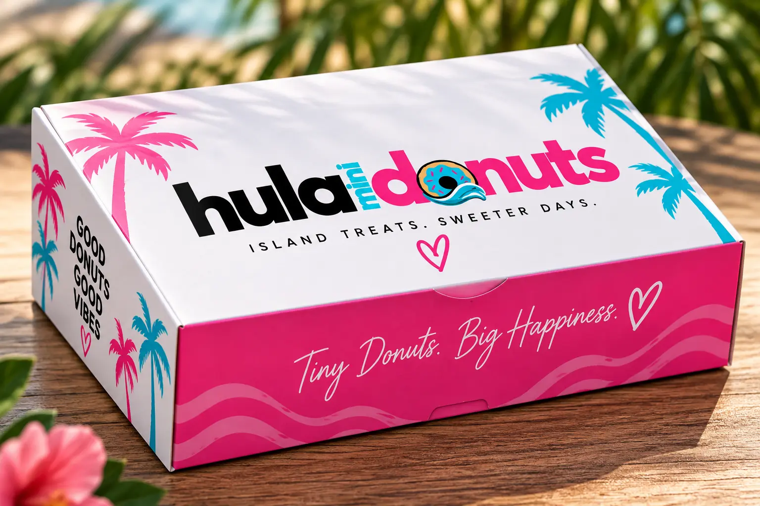 Hula Mini Donuts pink and white box with palm trees reading Tiny Donuts. Big Happiness.