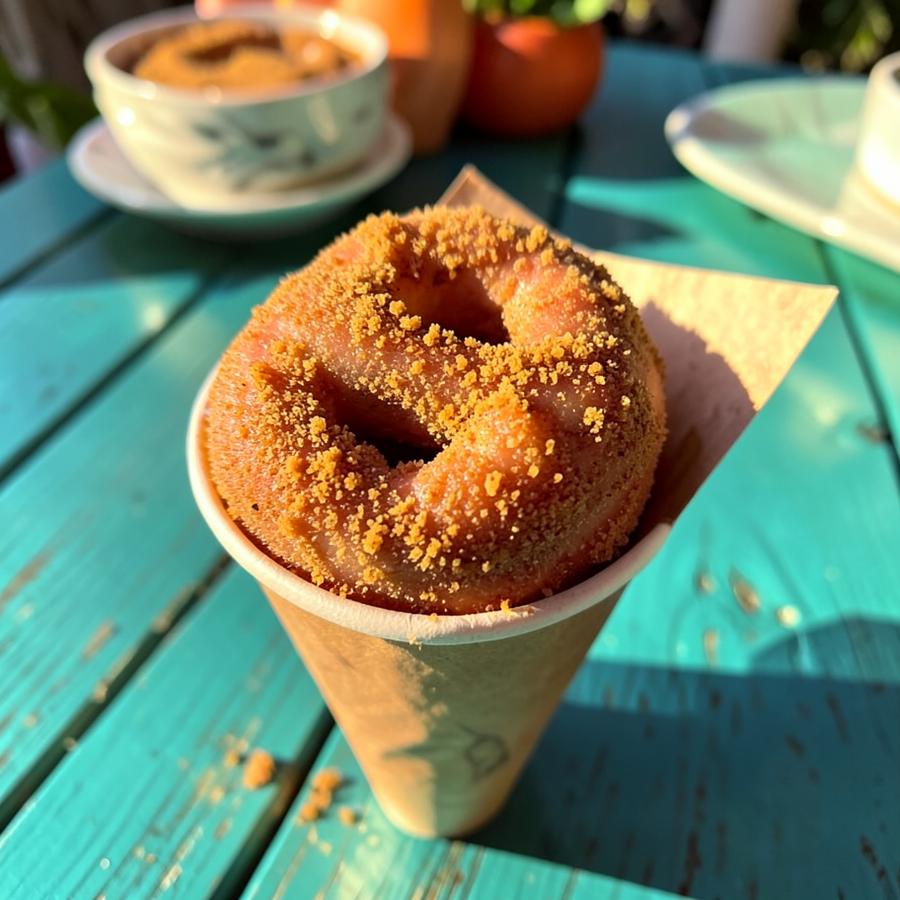 Warm cinnamon sugar mini donuts in a paper cone