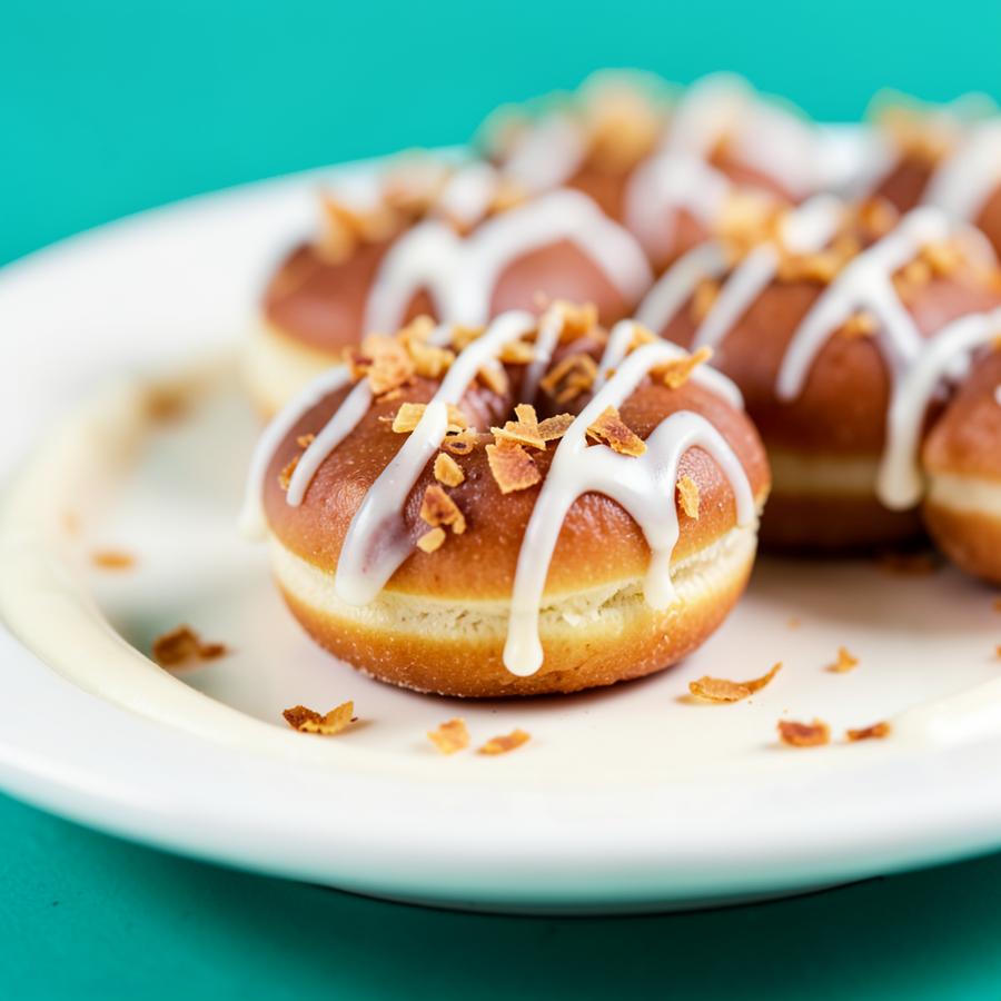 Mini donuts with toasted coconut and white chocolate drizzle