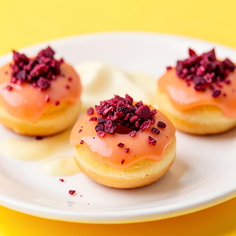 Mini donuts with guava glaze and crushed berries