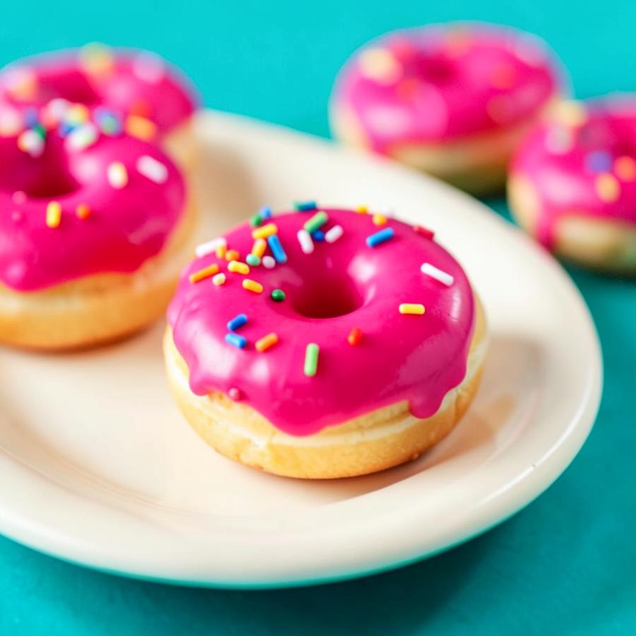 Mini donuts with hot pink hibiscus glaze and sprinkles