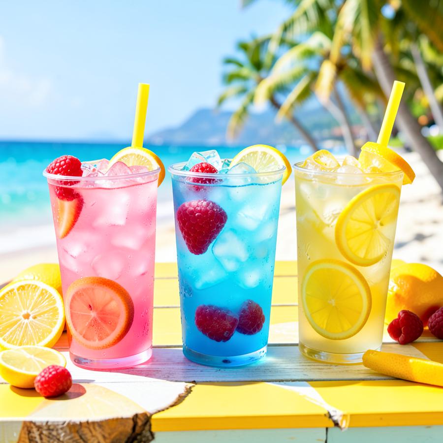Pink, blue and mango lemonades over crushed ice with lemon wheels